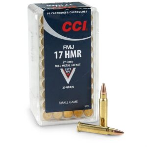 This cci 17 hmr 20 grain Full Metal Jacket (FMJ) bullet is designed to ensure controlled penetration with minimal deformation.