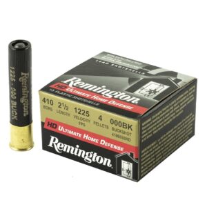 The 410 bore, especially with a 000 Buckshot, is effective at short ranges, making it a solid choice for home defense. Buy Remington HD Defense 410 Bore