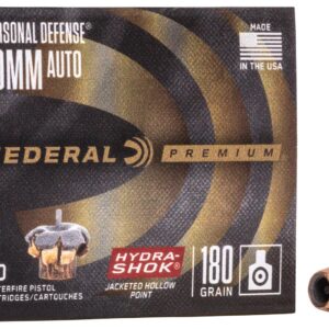 Federal Premium Personal Defense Ammunition 10mm hydra shok Jacketed Hollow Point Box of 20 offers reliable protection. hydra-shok deep